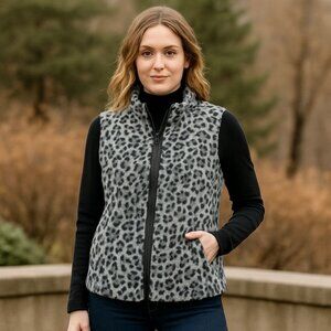 Reversible Leopard Zip Vest Faux Fur Size L Black Quilted Trendy Cozy Layering